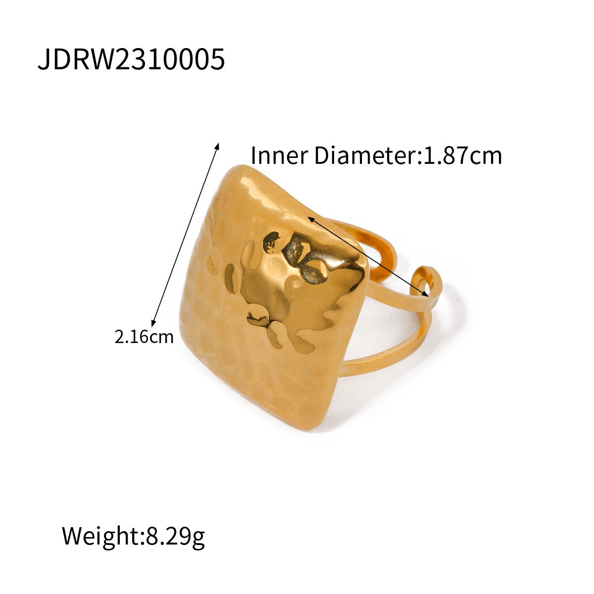 Stainless steel hammer patterned square open ring for women's hand jewelry